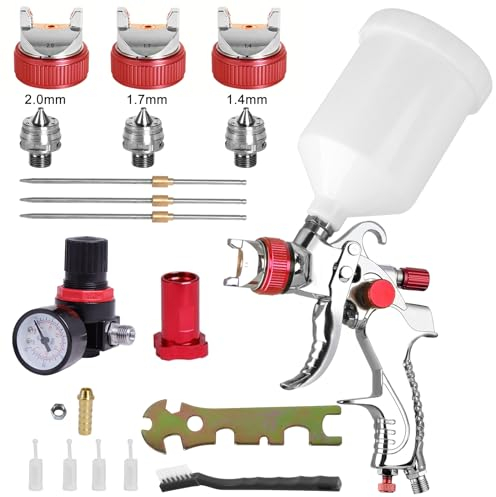 HVLP Lackierpistole Spritzpistole Set 3 Düsen 1,4mm 1,7mm 2,0mm Farbsprühsystem Spraypistole mit 600ml Plastikbecher Luftdruckregler Spritzpistolen Anschlussadapter(Rot)