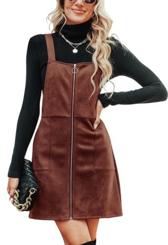 CUPSHE - Mini Abiti Autunnali da Donna in Ecopelliccia con Scollo Quadrato, Cerniera a Pull Ring, Tasche con Cerniera e Spalline Larghe, Stile Casual, Marrone, L