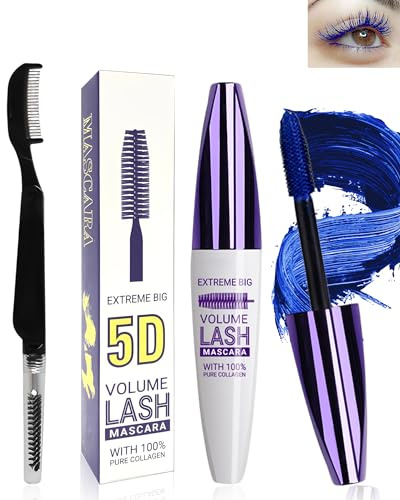 5D Blau Seidenfaser Wimpern Wimperntusche Wasserfest mit Wimpernkammbürste,Blue Telescopic Waterproof Colored Mascara,Verlängerndes,Voluminöses,Langlebiges,Cosplay Party Use Bunt Augen Makeup-04Blaue