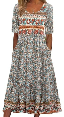 ABYOVRT Robe Longue Femme Col Round Robe à Manches Courtes Boho Décontractée Imprimé Floral Vacances Maxi Ete Robe Chic et Elegant Casual Dress avec Deux Poches,M
