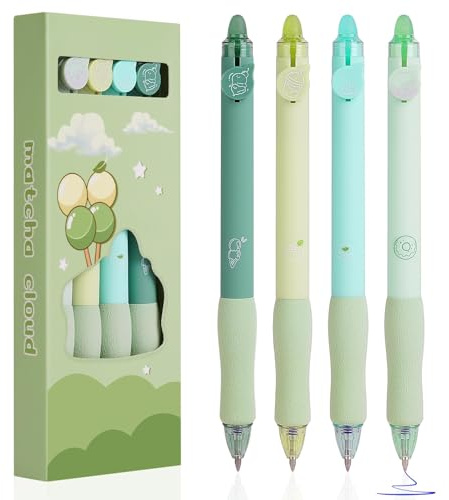 OFFCUP Erasable Gel Pens, 4pc 0.5mm Blue Gel Ink Eraser Pens, Cute Rollerball Retractable Pen for Kids Adults Writing Stationary (Matcha Cloud)