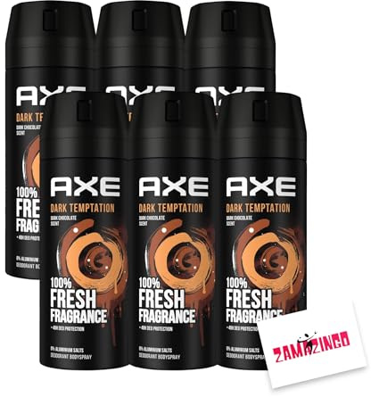 Axe Dark Temptation Deo Spray 150ml | 0% Aluminium, Frische dunkle Schokolade, 48H Schutz, drehbarer Kopf, 150ml + Zama4Zingo Karte (6er Pack)
