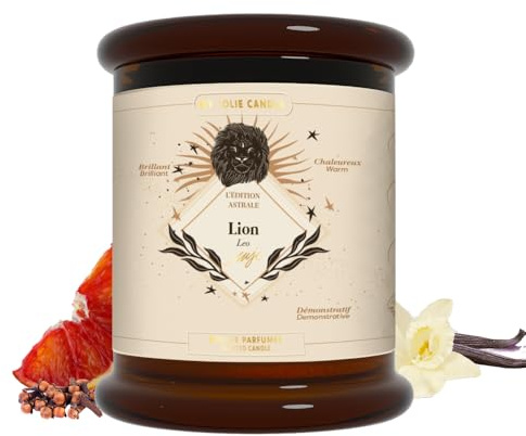 MY JOLIE CANDLE - Bougie Parfumée Signe Astrologique avec Portrait Astral - Lion du 23 juillet au 22 août - Cadeau de Noël et Anniversaire - Cire à base végétale