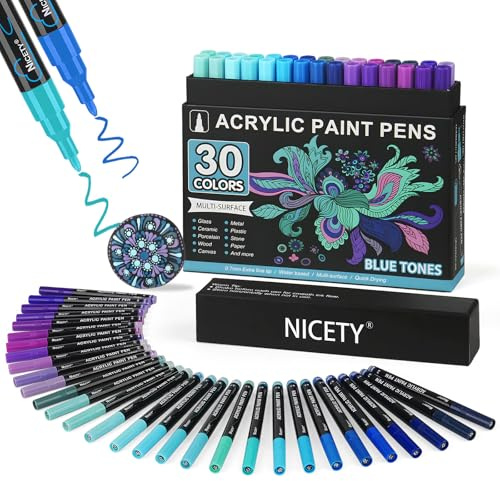 NICETY 30pcs Acrylstifte für Steine Wasserfest - 30 Multimarker Acrylmarker Glasmalstifte für Stein Stoff Holz Leinwand Glas Keramik - 0,7 mm Acrylic Paint Marker (Blau)