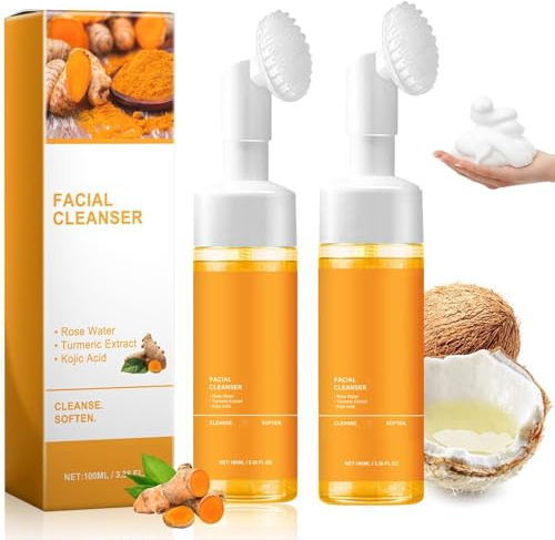 JISKG 2 Pcs Turmeric Facial Cleanser, Glow Wash Turmeric Face Wash With Brush, Deep Cleansing Exfoliating for Women All Skin.