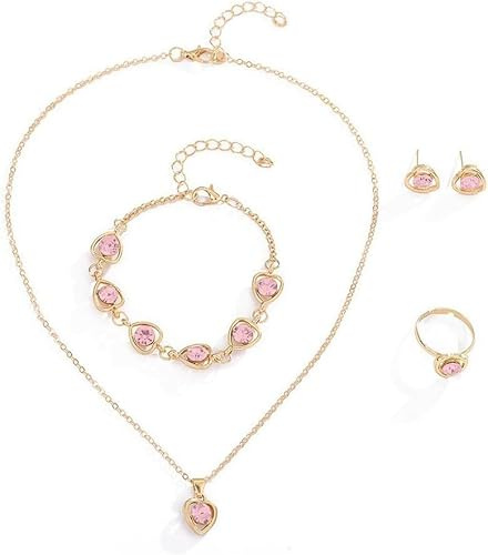 FDEETY 4 Pièces Parure Bijoux Cœur Cristal Brillant Collier Boucles D'oreilles Bracelet Bague Ensemble Élégant Accessoires Femme