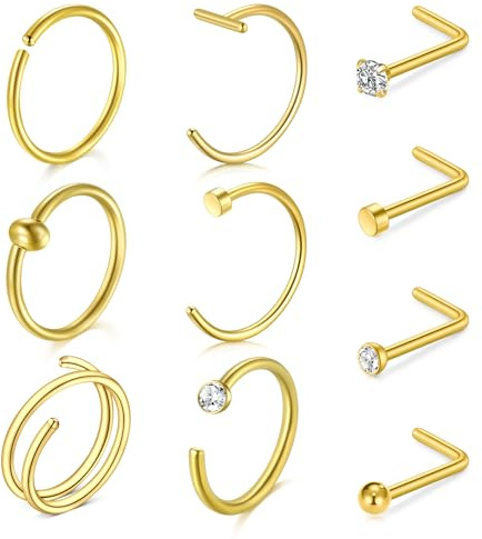 LAURITAMI Nose Ring Nose Stud Set, Stainless Steel L-Shaped Nose Stud Double Nose Hoop 20G Gold Silver Nose Piercing Jewelry for Women Men, Pack of 10 Pieces