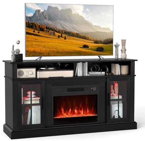 TANGZON Electric Fireplace Insert TV Stand, Freestanding Media Console Table Entertainment Center with 1800-2000W Fireplace Heater & Remote Control (Black, 24 Fireplace,148x41x81cm for 65 TV)