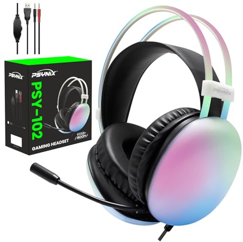 Psynix PSY-102 Gaming Headset for PS5, PS4, Xbox, PC, Nintendo Switch - Wired Headphones with Mic, Surround Sound, RGB Lights, Noise Cancelling, Comfortable Over-Ear Design (White)