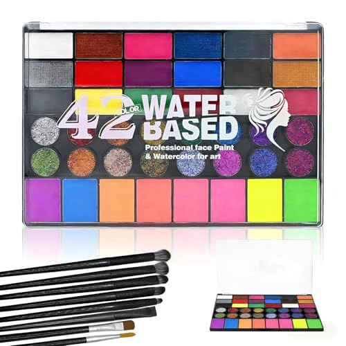 Barnsminkset med 42 färger, barnsminksset, ansiktsfärger, barnsmink med 8 penslar, giftfri, tvättbar, matt och glitter, teatersmink för karneval, halloween, påsk, temafester