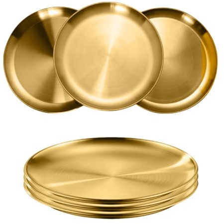 6 Stück Gold Speiseplatte Φ 20cm BPA Frei Edelstahl Rundes Tablett Serviertablett Edelstahlteller Dekoteller Servierteller Platzteller Barbecue Dish für Küche Party Camping Weihnachten Restaurant