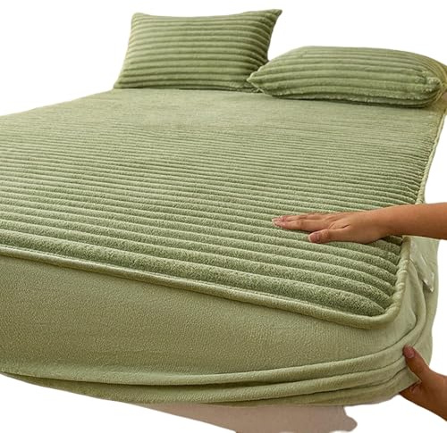 MTNBHH Materasso Matrimoniale Caldo Antiscivolo Invernale in Velluto di Latte Ispessito, Lenzuolo con Angoli, Biancheria da Letto Elastica Morbida ed Elastica(Green,180 x 200 cm)