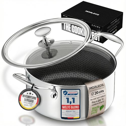 MORLEOS Schmortopf kratzfeste Antihaft-Waben-Keramikbeschichtung - 3 Liter, Ø 20×10 cm, 1,8 kg - modernen flachen Glasdeckel energiesparender 5-Schicht-Kochtopf - induktionsgeeignet