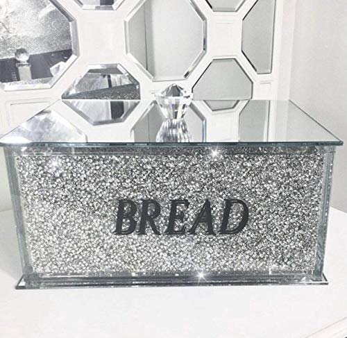 XXL Silver Crushed Diamond Crystal Mirrored Bread Bin Container Kitchen Ornament Bling Gift | Crystallized Kitchen Sparkly Glitter Present, Home Decor