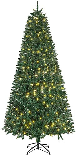 HOMCOM Albero di Natale con Luci Incorporate, Albero di Natale Artificiale Luminoso 225cm con 450 Luci LED Bianche e 1146 Rami, Base in Metallo Pieghevole, Verde