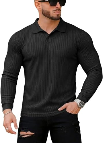 Muscle Cmdr Hombres Slim Fit Muscle Polos Camisas de Manga Larga Stretch Quick Dry tee Casual Golf Athletic Camisetas (Negro S)