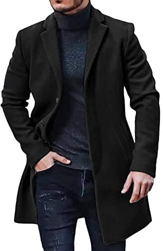 L9WEI Abrigo de Lana para Hombre, Invierno, Negocios, Exterior, Largo, Solapa Cálida, Delgado, Gabardina de Cuello de Solapa, Negro, XL
