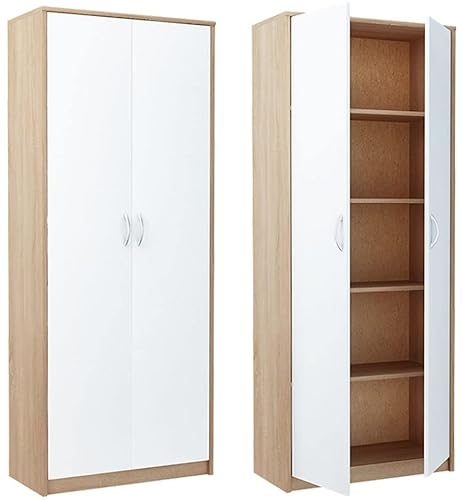 Praktische Schrank 180 cm Kleiderschrank mit 2 Türen 4 Ablagen Groß Mehrzweckschrank Aktenschrank Büroschrank Haushaltsschrank (Weiß/Sonoma)