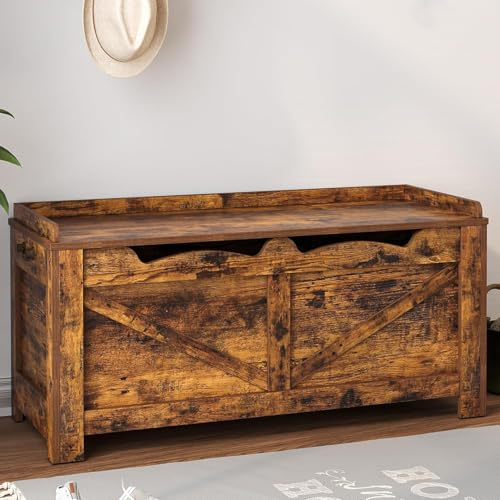Hzuaneri 39.4 Storage Chest, Extra Large Storage Trunk with 2 Hinges, Wooden Box Bench, Lift-Top Organizer Chest, Shoe Bench for Entryway, Bedroom, Living Room, Rustic Brown SB04501X