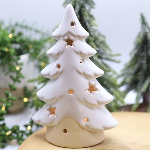 Beige Ceramic Tree Tealight Holder with Stars Cut Out Christmas Festive Decor (Large)