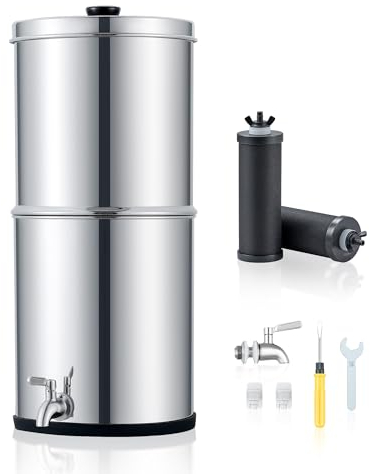 CO-Z Gravity-Fed Water Filter System, 8.5 L Countertop Water Filtration System, 304 Stainless Steel Gravity Water Purifier with 2 Carbon Filters & Water Spigot, NSF/ANSI 42 Certification