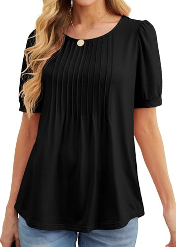 GRECERELLE Dam sommartoppar vardaglig mjuk kortärmad tunika framsida veckad vår rund hals t-shirts lös blus för damer