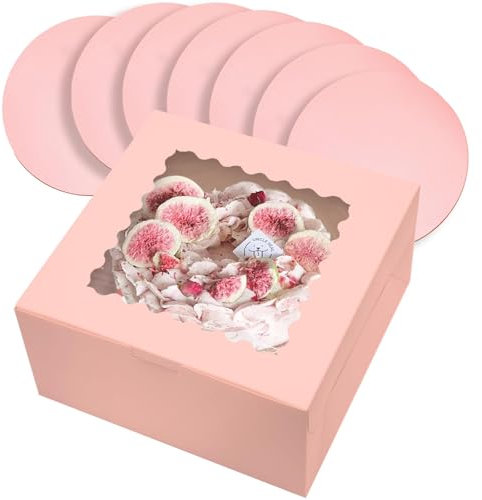 Gcardist Lot de 5 boîtes à gâteau roses de 25,4 x 25,4 x 12,7 cm avec fenêtre et 5 planches rondes roses de 25,4 cm