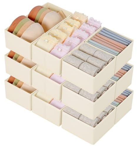 DIMJ Drawer Organiser, Wardrobe Organiser, Fabric, Organiser System, Wardrobe Foldable Underwear Organiser, Organiser Drawer for Clothes, 12 Pieces (Beige)