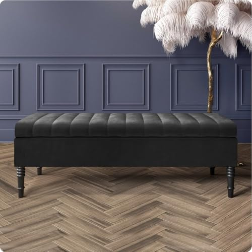 Safar Velvet Ottoman Storage Bench with Legs, Upholstered End of Bed Storage Bench, Large Ottoman Storage Box with Hinged Lid, Entryway Shoe Bench, Padded Storage Ottoman Seat for Living Room