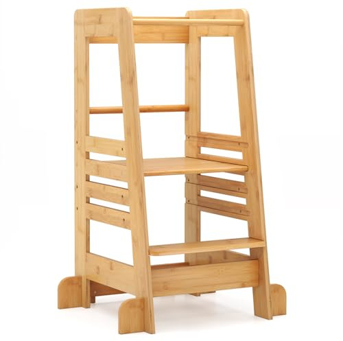 COSTWAY Kids Step Stool, Bamboo Learning Tower with Height Adjustable Platform and Safety Rail, Kitchen Nursery Helper Stand for Over 18 Months