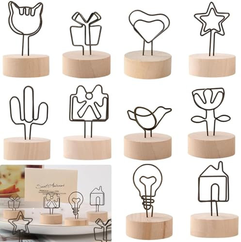 Raheem 10 Stück Metall Tischkartenhalter mit Holzbasis, Fotohalter mit Klammern, Fotoständer Tischnummer Halter Ständer Hochzeit Sitzetiketten Tischkartenclips (10 Stile)