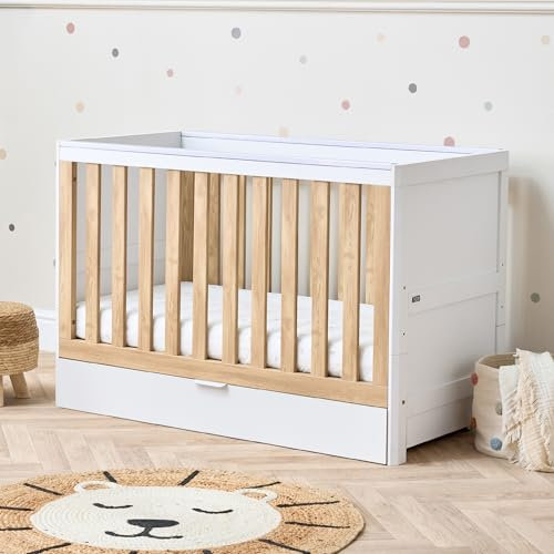 Tutti Bambini Riley 3-in-1 Baby Cot Bed with Drawer 120 x 60 cm, (0-4 years) - 3 modes: Cot, Toddler Bed & Toddler Sofa, Convertible Cot Bed for Baby with 3 Mattress Heights (White & Oak)