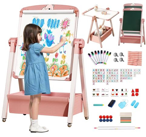 Kids Easel with Paper Roll Double-Sided Iron Art Easel Foldable Drawing Board Height Adjustable Standing Easel 360° Rotatable Whiteboard Chalkboard with Letters Numbers for Boys Girls Toddlers