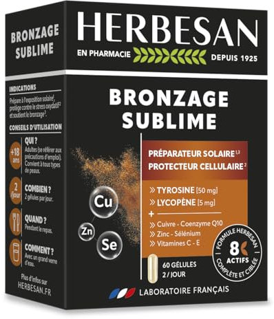 HERBESAN - BRONZAGE SUBLIME - Préparateur solaire et Protecteur cellulaire - 8 actifs à l'action ciblée et complète dont Lycopène, Cuivre, Coenzyme Q10 - Anti-âge et Antioxydant - 60 gélules