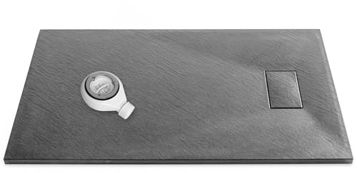 1000x700mm Dark Grey SMC Slate Stone Shower Tray & Dark Grey Drain Cover with 90mm ABS Waste