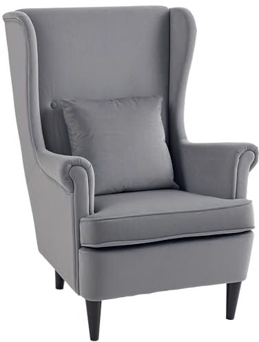 HOMCOM Modern Accent Chair, Upholstered Wingback Armchair with High Backrest and Pillow, Velvet-Feel Fabric Reading Chair with Solid Wood Legs for Living Room, Bedroom, Home Office, Dark Grey