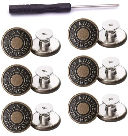 12 Pack Bronze Metal Jeans Button Replacement Kit - No Sew, Removable & Adjustable Jean Buttons for Loose Trousers, Denim Jackets - Includes Screwdriver, Rivets and Studs