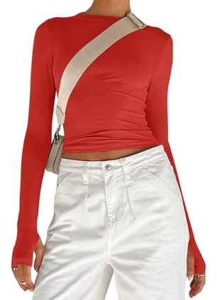 Women's Basic Long Sleeve Slim Fit Crop T Shirt Top Y2K Tops TikTok Crop Top Club Party E-Girls Streetwear(Red-b,XS)