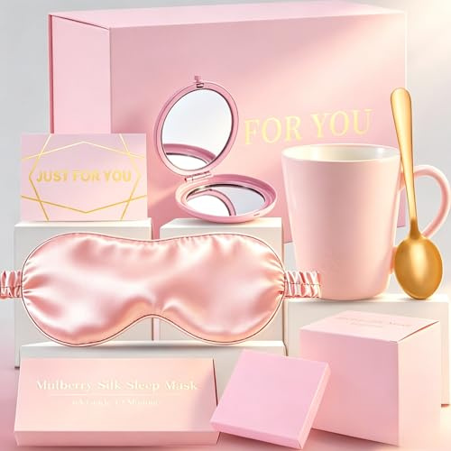 Juego de regalo de máscara de sueño de seda de lujo - 100% seda de morberry 6A 19 Momme antifaz con taza, cuchara, espejo y caja de regalo magnética, regalo perfecto para mujeres