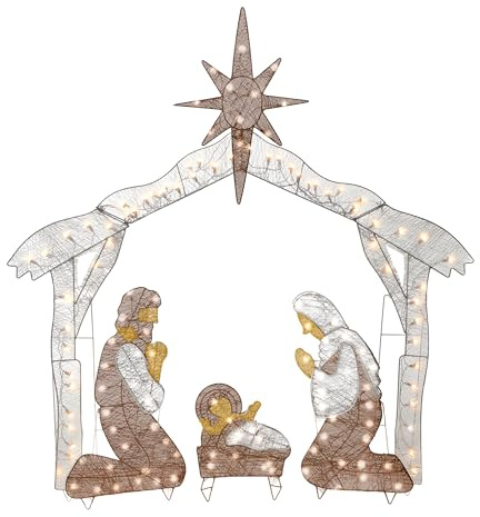 National Tree Company Pre-lit Artificial Christmas Décor - Includes Pre-strung White Mini White LED Lights and Ground Stakes - Crystal Holy Family Nativity - 4.5 ft