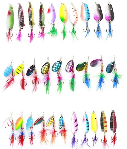 LSHEL Spinner Angelköder Set 30 Stück Blinker Wobbler Spinner Angeln Set Mit Feder Pailletten Metall Kunstköder mit Drillingshaken