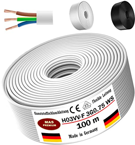 MAS Premium Von 5 bis 100m Kunststoffschlauchleitung H03VV-F 3G0,75 Schwarz oder Weiß Flexible Leitung Kabel Leitung Gerätekabel (Weiß, 100m)