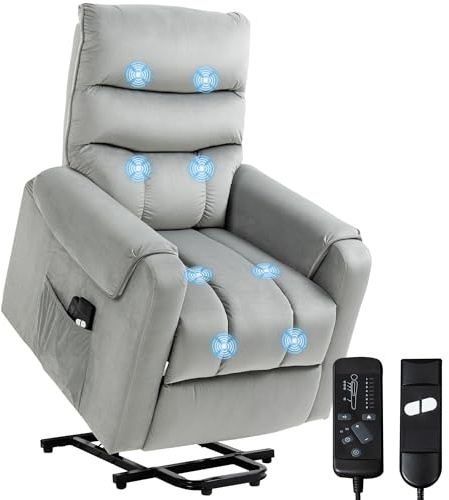HOMCOM Sillón Relax Reclinable Eléctrico Levanta Personas, Sillón Elevador con 8 Puntos de Masaje, 2 Controles Remotos, Reposapiés, Tapizado en Pana, Acolchado Grueso, Bolsillo Lateral, Gris