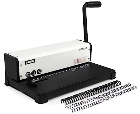 Rayson PT1202 Coil Binding Machine, 3:1 Pitch, 32 Hole Punch for Spiral & Click Binding Spines, Metal Spiral Binder Hole Punch, Punches 12 Sheets at a Time