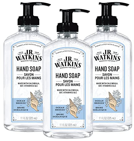 J.R. Watkins Gel Hand Soap, Scented Liquid Hand Wash for Bathroom or Kitchen, USA Made and Cruelty Free, 11 fl oz, Ocean Breeze, 3 Pack