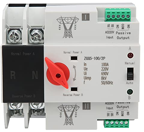 DEWIN Interruptor de Transferencia Automática,2P 220V 100A ATS Conmutador de Transferencia Automática de Doble Potencia Interruptores Selectores Eléctricos(ZGQ5-100)