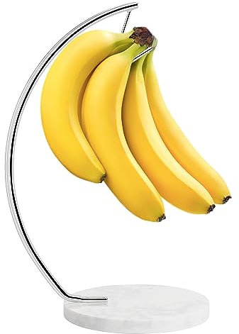 Livabber Banana Holder with Marble Base, Metal Banana Hanger Modern Tree Stand with Hook, Stylish Banana Keeper Fresh Fruit Storage Organizer Freestanding for Kitchen Countertop (Chrome, Single Hook)