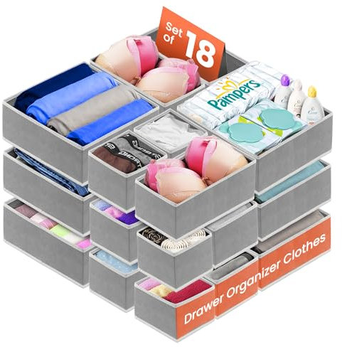 RFAQK 18 Pack Drawer Organizer Clothes-3 Sizes Dresser Organizer for Underwear Closet, Baby Clothes Organizer for Wardrobe-Foldable Fabric Drawer Dividers for Bedroom,Lingerie,Undies,Bra-Grey