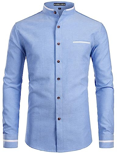 PARKLEES Chemise Oxford pour homme avec col grand-père et design hipster, coupe ajustée à manches longues, style décontracté boutonné avec poche, 3XL