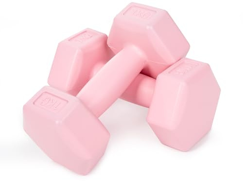 molti Lot de 2 haltères, courts, 1 à 4 kg, en ciment, avec surface antidérapante, pour gymnastique, aérobic, Pilates, musculation et entraînement à domicile (rose, 2 x 1 kg)